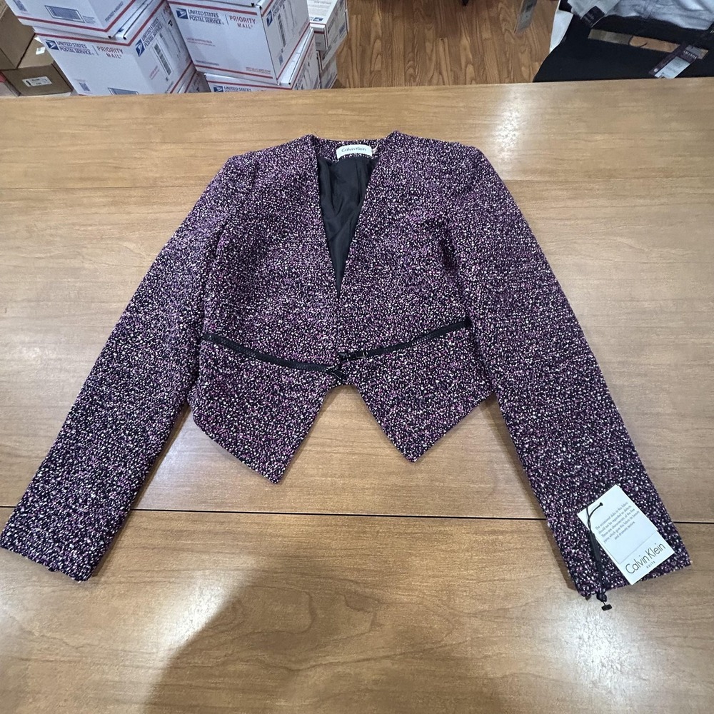 Calvin Klein Blazer Womens 6 Pink Black Flecked Tweed Cropped Open Front Jacket
